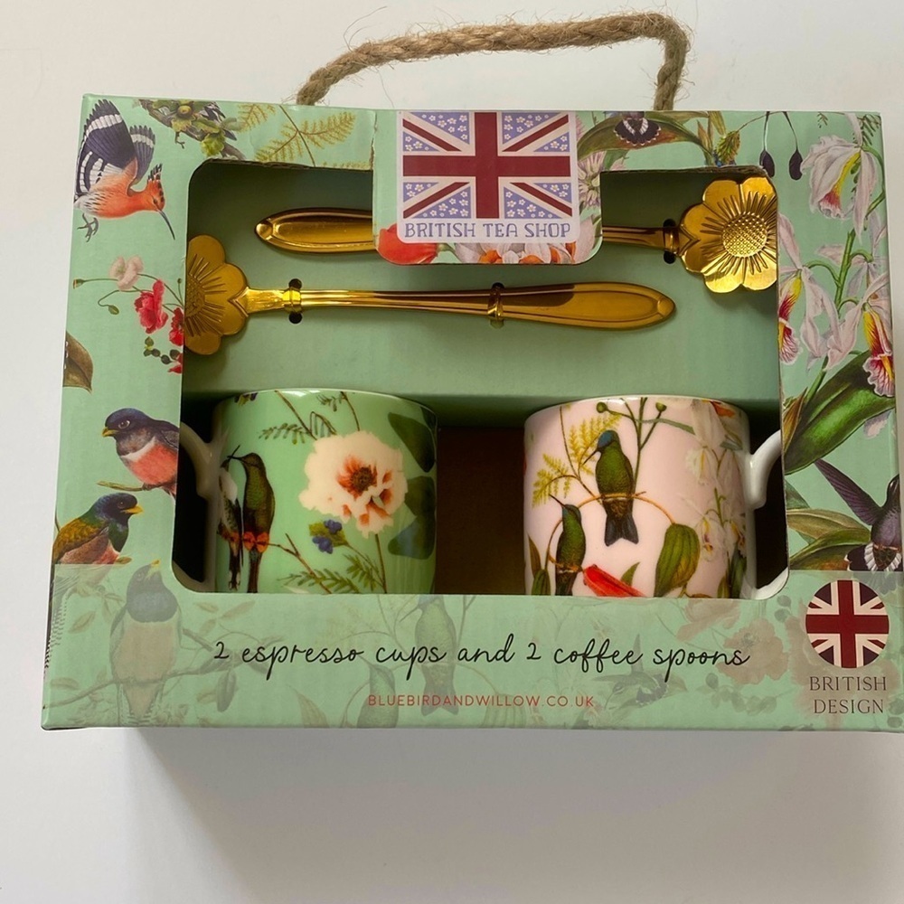 British Tea Shop Wild Bird Bone China 2 Espresso Cups & 2 Coffee Spoons